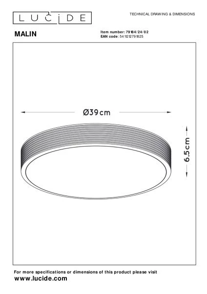 Lucide MALIN - Plafonnier - Ø 39 cm - LED Dim. - 1x24W 2700K - 3 StepDim - Or Mat / Laiton - TECHNISCH